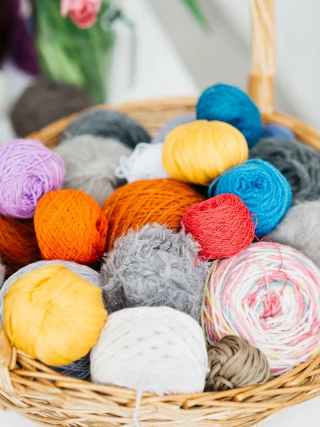 Color Yarn Knitting Knitting Needles Basket Colorful Yarn — Stock Photo, Image