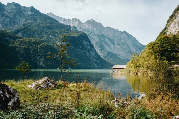 Lake Obersee Scenic National Park Berchtesgadener Traditional Wooden Boat House — Stock Photo, Image