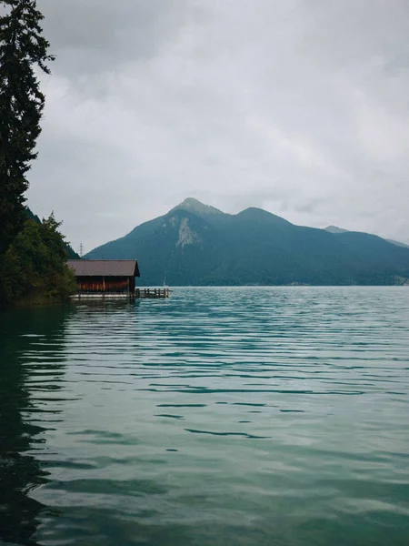 Traditional Wooden Boat House Lake Walchensee Mountains Overcast Weather Bavaria — Stock Photo, Image