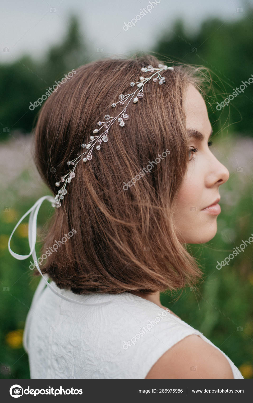 Bride With Simple Hairstyle Decorated By Hair Accessory Stock