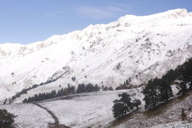 Elbruz Dağı soğuk, soğuk, buz gibi soğuk, karlı, buzul gökyüzü, cennet