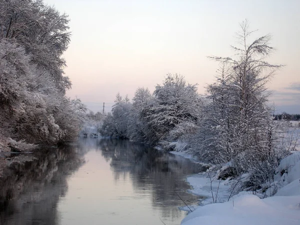 Bellissimo Paesaggio Invernale Con Piccolo Fiume Alberi — Foto Stock