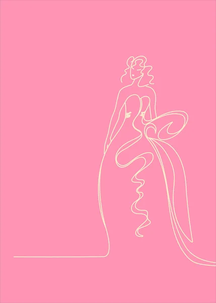 Girl Long Dress Vector Illustration Pink Background Elegant Line Drawing — Stockový vektor
