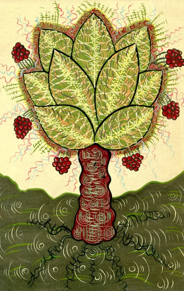 Árvore Uma Fantasia Ilustração Decorativa Trabalho Manual Gouache — Fotografia de Stock