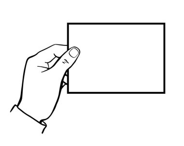 Vektör el çizimi. Elinde bir kartvizit ya da duyuru var. Siyah ve beyaz resim