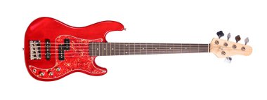 Bas gitar beyaz arkaplanda izole edilmiş. Jazz bas çamurluk stili klasik gitar..