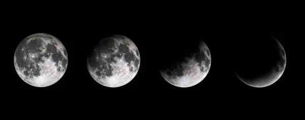 Maanfasen Zwarte Baclground Maanfasen Van Aarde Sateliet Halve Maan Kwart — Stockfoto