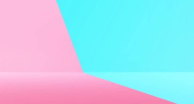 Pembe ve mavi pastel 3D arka plan. Boş pastel alan. Soyut mavi ve pembe tasarım. 3B görüntüleme