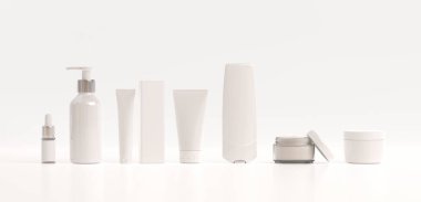 Beyaz arka planda kozmetik modelleme şablonu. Kozmetik ürünleri için plastik kap. Tüp, krem kabı, beyaz arka planda izole edilmiş güzellik ürünleri. 3 boyutlu görüntüleme. Maske katmanı dahil.
