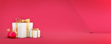 Kırmızı arka planda kurdelesi olan hediye paketi. Noel ya da doğum günü hediyesi için dekoratif paket. Uzay şablonunu kopyala. 3d oluşturma.