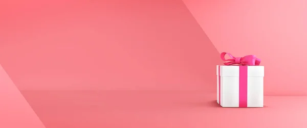 Подарункова Коробка Стрічкою Рожевому Тлі Декоративна Упаковка Різдво Або Подарунок — стокове фото
