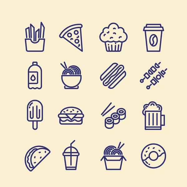 Reihe blauer Symbole für Fast Food für Restaurants oder kommerzielle, kreative Projekte und Apps. Elemente und Piktogramme von Pizza, Nudeln, Tacos, Eis, Sushi und Pommes — Stockvektor