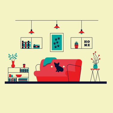 İç tasarım vektör düz çizim. Rahat oturma odası için modern mobilya