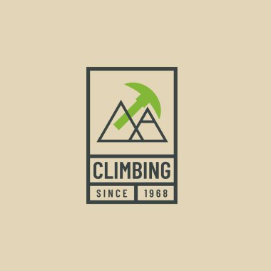 Kaya tırmanışı, retro anahat logo vektör. Tırmanma ve tırmanışla tasarım şablonu. Aktif Turizm hipster arması