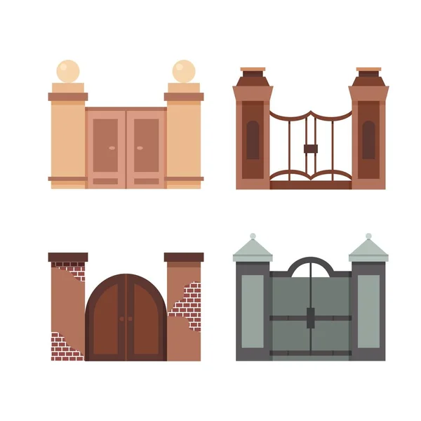 Smeedijzer en stenen hekken en poorten vector set. Vlakke afbeelding van hek — Stockvector