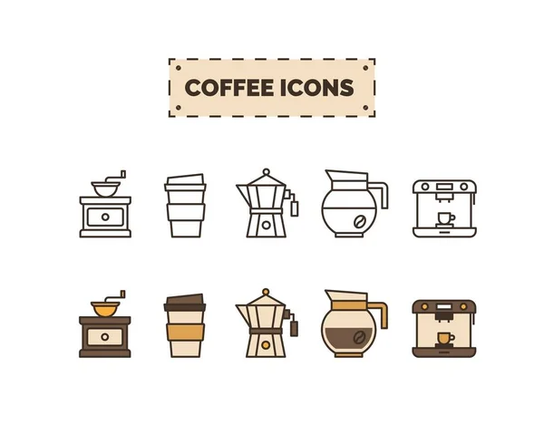 Conjunto de ícones de xícara de café. Conjunto vetorial de linha e material de café plano colorido - imprensa francesa, taça takeaway, máquina —  Vetores de Stock
