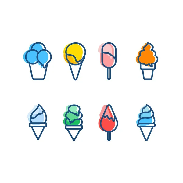 Minimalist vector set of colorful flat ice cream. Ice cream outline elements. Dessert design template — Stock Vector