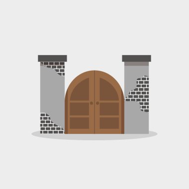 Vektör çizim taştan bir duvar Ortaçağ ahşap kapı kemerli. Gates taşlarla tasarım