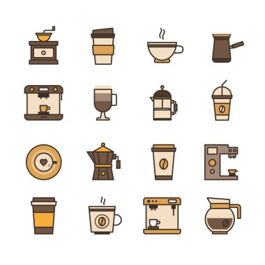 Vektör Turk kıyma makinesi, kahve makinesi, kahve kupa, Fransızca-basın ve bardak gitmek için ayarla. Kahve Kafe, kahvehane ve şirketler için düz çizgi simgeler  