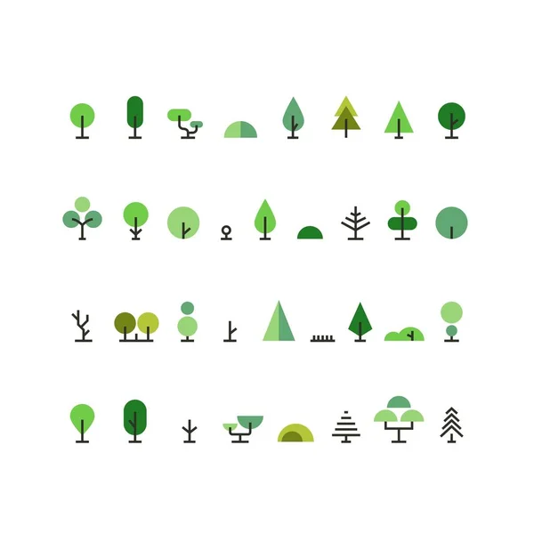 미니 멀 벡터 녹색 평면 선 나무, 관목, 잔디와 가문비나무의 설정. 자연 요소 디자인 서식 파일 — 스톡 벡터