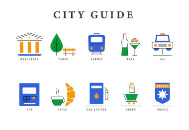 Renkli şehir rehberi simgeler. Satır simgeler city café, Parklar, anıtlar, metro, atm, alışveriş, barlar ve benzin istasyonu düz tasarım unsurları ile ayarlayın. Vektör logo piktogram koleksiyonu şehir rozetleri kavramı