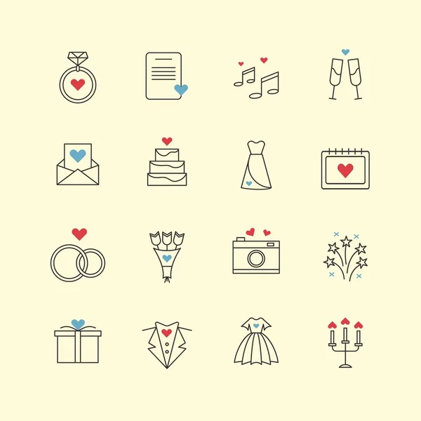 Umreißen Liebe und Hochzeit dünne Symbole mit Hintergrund mit bunten Elementen. Hochzeit, Heirat, Braut Web Icon Set — Stockvektor