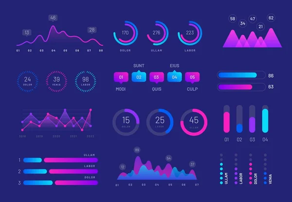 Interface vectorielle technologique intelligente pour la présentation. Écran de données de gestion de réseau avec graphiques colorés. Écran d'interface avec illustration numérique infographique — Image vectorielle