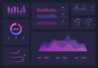Modern Infographic tasarım şablonu, iş iş akışı grafikler ve diyagramlar koyu arka plan üzerinde ayarlayın. Web sitesi, web tasarım, Tanıtım pazarlama iş akışı düzeni, faaliyet raporu için Kullanıcı arabirimi