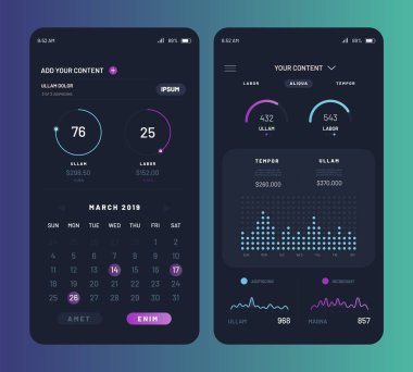 Kullanıcı arabirimiyle infographics ile harita ve diyagram. Kullanıcı arabirimi tasarımı takvim. Mobil uygulama arayüz tasarımı degrade arka plan üzerinde