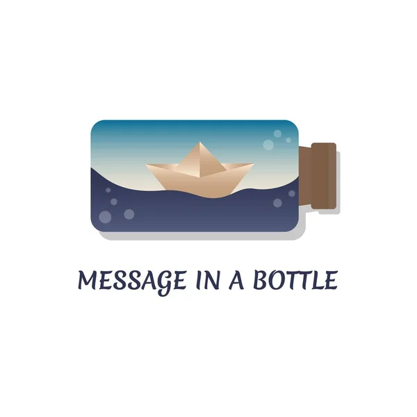Origami barco de papel en la botella. Ilustración de un barco de papel flotando sobre las olas en la botella con un corcho — Vector de stock