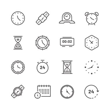 Zaman ve masa saati doğrusal Icon set. Vektör hat simgeleri izlemek koleksiyonu