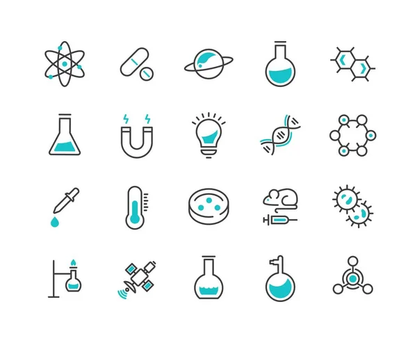 Nauka wiersza ikony. Modny cienkie elementy biologii, astronomii, fizyki, nauki testów, laboratorium. Ilustracja wektorowa — Wektor stockowy