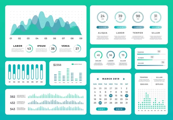 Infographic dashboard statistieken werkstroom info. De grafiek van de modern ui met groene diagrammen en grafieken. Collectie van 3d websiteanalyse vector sjabloon — Stockvector
