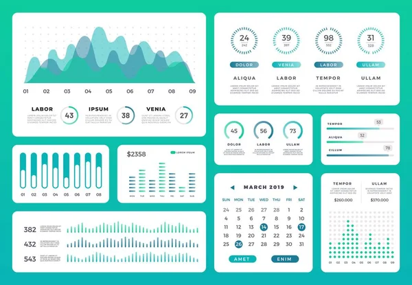 Infographie tableau de bord statistiques workflow info. Graphique ui moderne avec diagrammes verts et graphiques. Collection d'analyses de gabarits vectoriels de site Web 3D — Image vectorielle