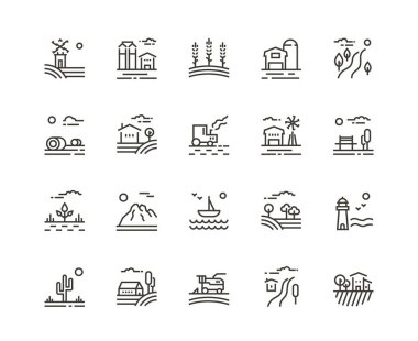 Tarım manzara köyü satır simgeler. Alan, çiftlik binaları, hasat kamyon, traktör, dağlar, tekne, Bahçe ve plantasyon tarım kümesi. Vektör çizim, kırsal