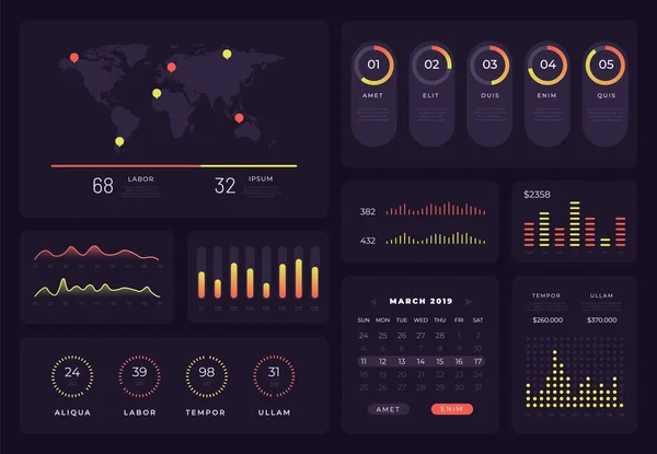 Tech grafiek infographic. Futuristische Hud diagrammen, holografische gegevensbalken, abstract grafieken. Vector donkere infographic ontwerpelementen — Stockvector