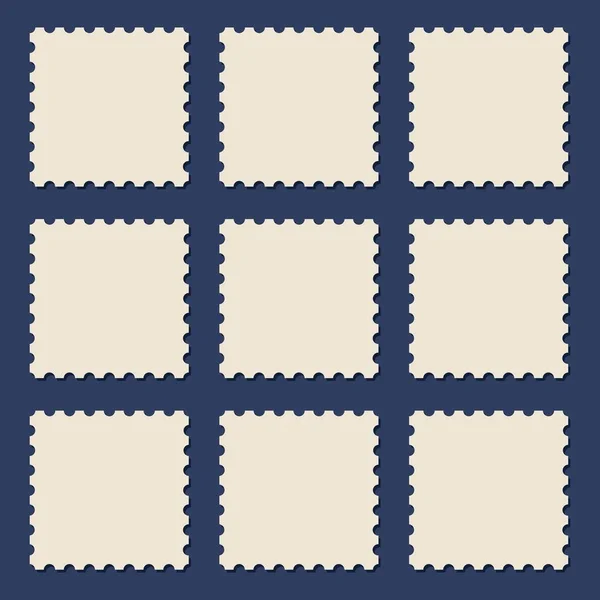 Blank postage stamp vector illustration. Set of stamps and postmarks in vintage style on dark background. Design template — Stock Vector