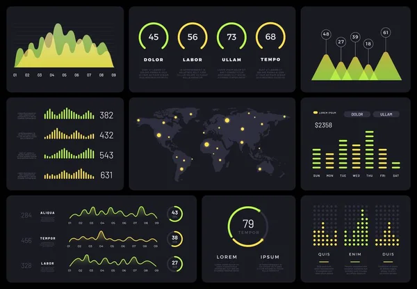 Interface vectorielle de diagramme infographique Tech. Diagrammes HUD futuristes, barres de données holographiques, graphiques abstraits sur fond sombre. Graphique ui moderne, collection d'analyse de modèles vectoriels de site Web 3D — Image vectorielle