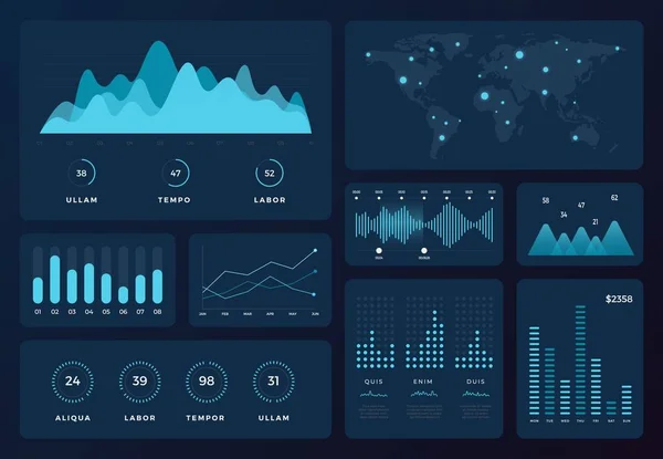 Infographie cartographique. Diagrammes HUD futuristes, barres de données holographiques, graphiques abstraits sur fond sombre. Eléments vectoriels d'infographie — Image vectorielle