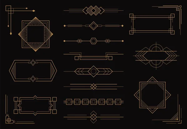 Art deco çizgi kenarlık desenleri ve süs eşyaları kümesi. Modern yaratıcı Arapça altın çerçeveler, geometrik vintage etiket, 1920'lerin tarzı antika vektör tasarım şablonu