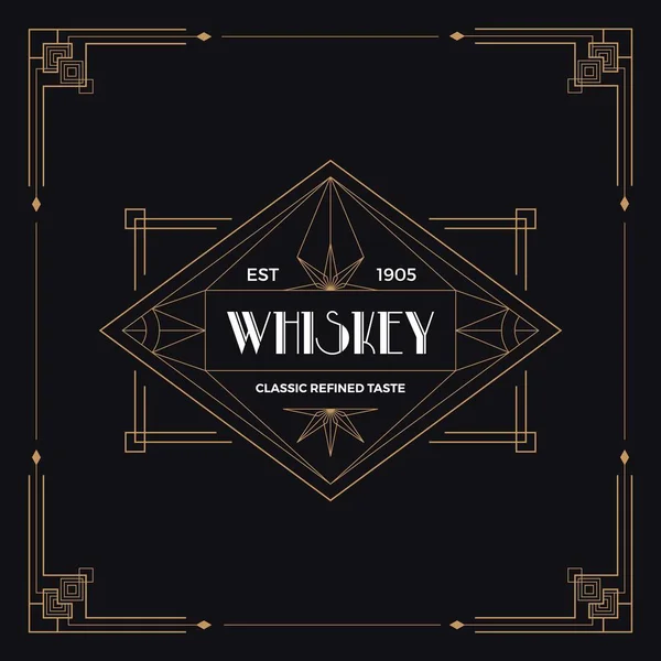 Whiskey vektor popisek ve stylu art deco. Vintage alkohol whiskey plakát ilustrace v retro stylu. Art deco Zlatý nápoj linie rámu geometrický design pro štítky, logo, emblém — Stockový vektor