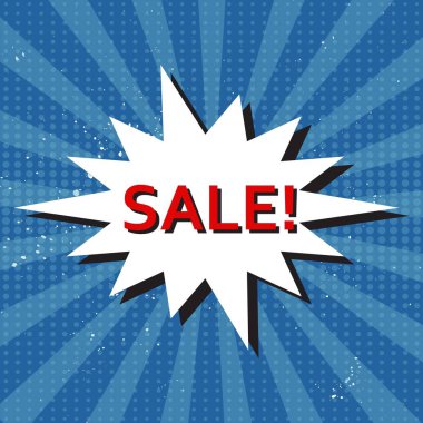 Satılık promo komik metin konuşma balonu. Çizgi roman patlama ile metin, indirim alışveriş yıldız patlaması pop-art web başlık. Komik afiş çizgi roman arka plan, vektör çizim