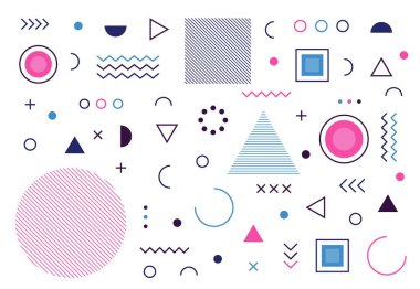 Memphis renk soyut geometrik desenleri şekillendiriyor. Üçgen, çizgili, hippi moda memphis tarzı daire basit geometrik unsurları