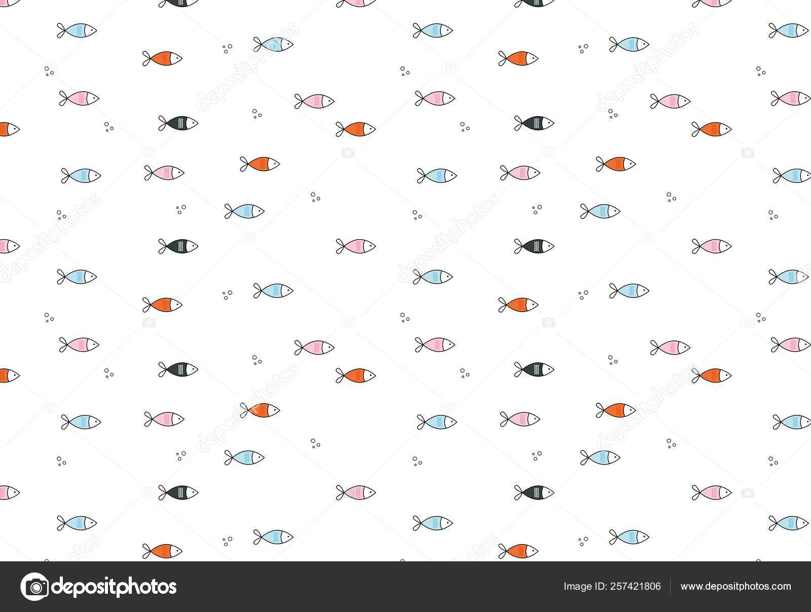 Trendy colored fish pattern background. Funny sea fish outline minimalistic  vector marine pattern on white background with bubbles for textile,  wallpaper, covers Stock Vector Image by ©Arelix #257421806