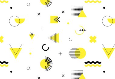 Soyut geometrik renkli desen arka plan. Yuvarlaklar, çizgiler, tekstil, afiş, kapaklar, kartlar için memphis tarzı üçgen modern Geometrik tasarım elemanları