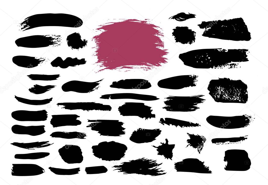 Grunge black ink brush strokes set. Big collection of dirty artistic design elements, frames, paint brushes, lines, grungy.  Vector illustration
