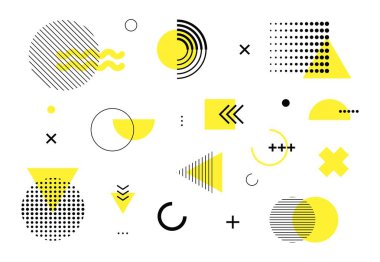 Soyut geometrik çizgi memphis stilini şekillendirir. Renk zig zags, squiggles, düzensiz görüntüler Trendy desen. Kapak, reklam, posterler, tebrik kartları, broşür, reklam panosu için vektör tasarım arka plan öğeleri