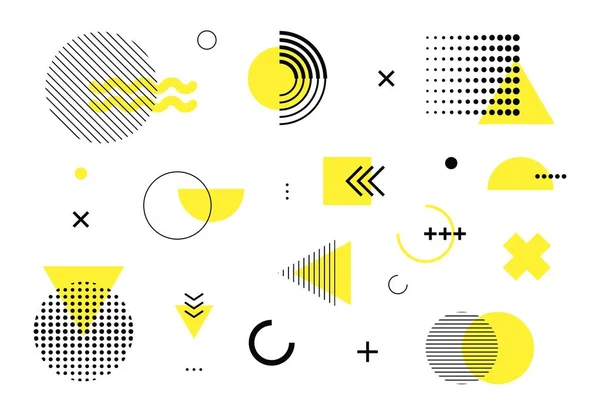 Soyut geometrik çizgi memphis stilini şekillendirir. Renk zig zags, squiggles, düzensiz görüntüler Trendy desen. Kapak, reklam, posterler, tebrik kartları, broşür, reklam panosu için vektör tasarım arka plan öğeleri