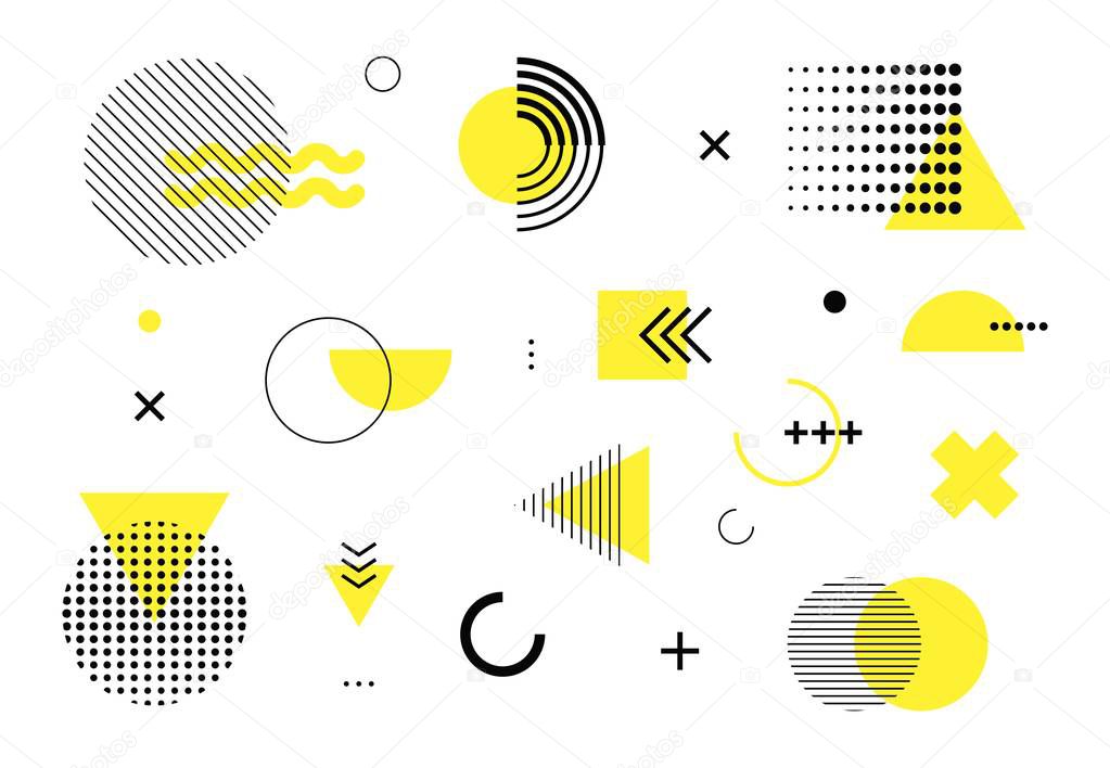 Abstract geometric line shapes memphis style. Trendy pattern of color zig zags, squiggles, erratic images. Vector design background elements for cover, ad, posters, greeting cards, leaflet, billboard