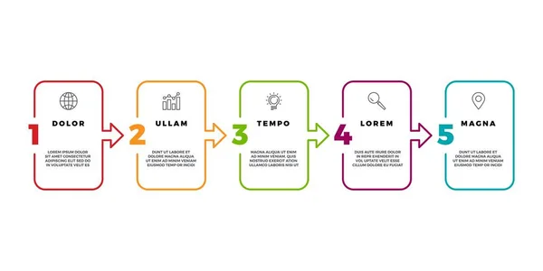 Infographie d'entreprise avec modèle vectoriel d'étapes. Graphique de ligne mince de chronologie avec des options de nombres 5, processus de diagramme financier. Conception Web pour la visualisation, la peresentation, le plan, le rapport — Image vectorielle